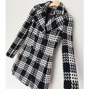 Express Vintage Y2K Black White Plaid Peacoat Coat Pleated Peplum Wool Blend XS
